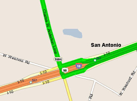Map of on turn from I-10 to TX1604 on east side of San Antonio